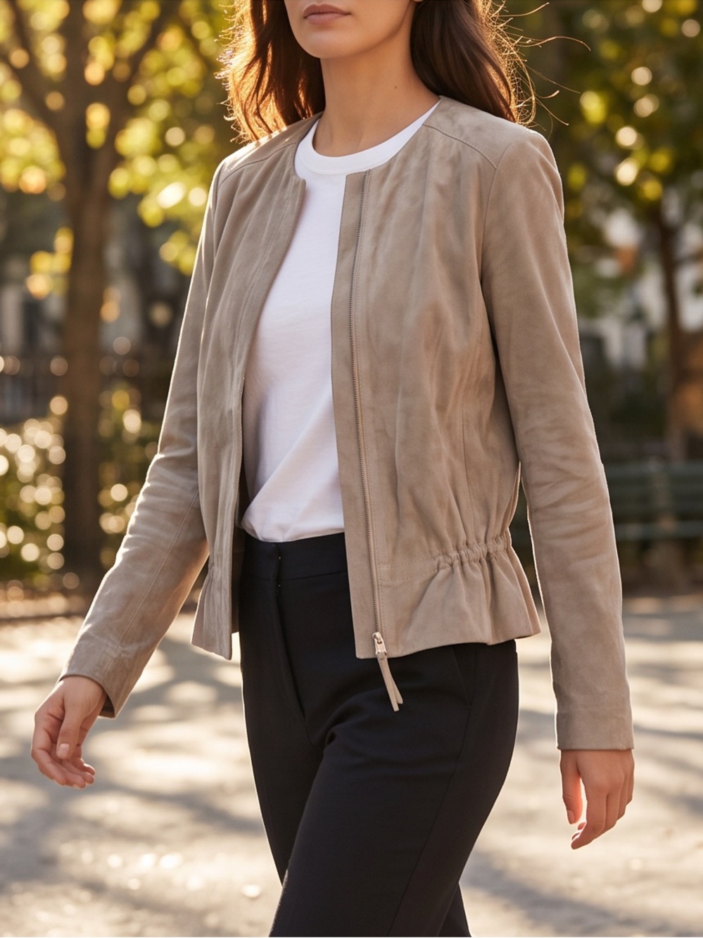 ecru Light Taupe Suede Zip-Front Jacket